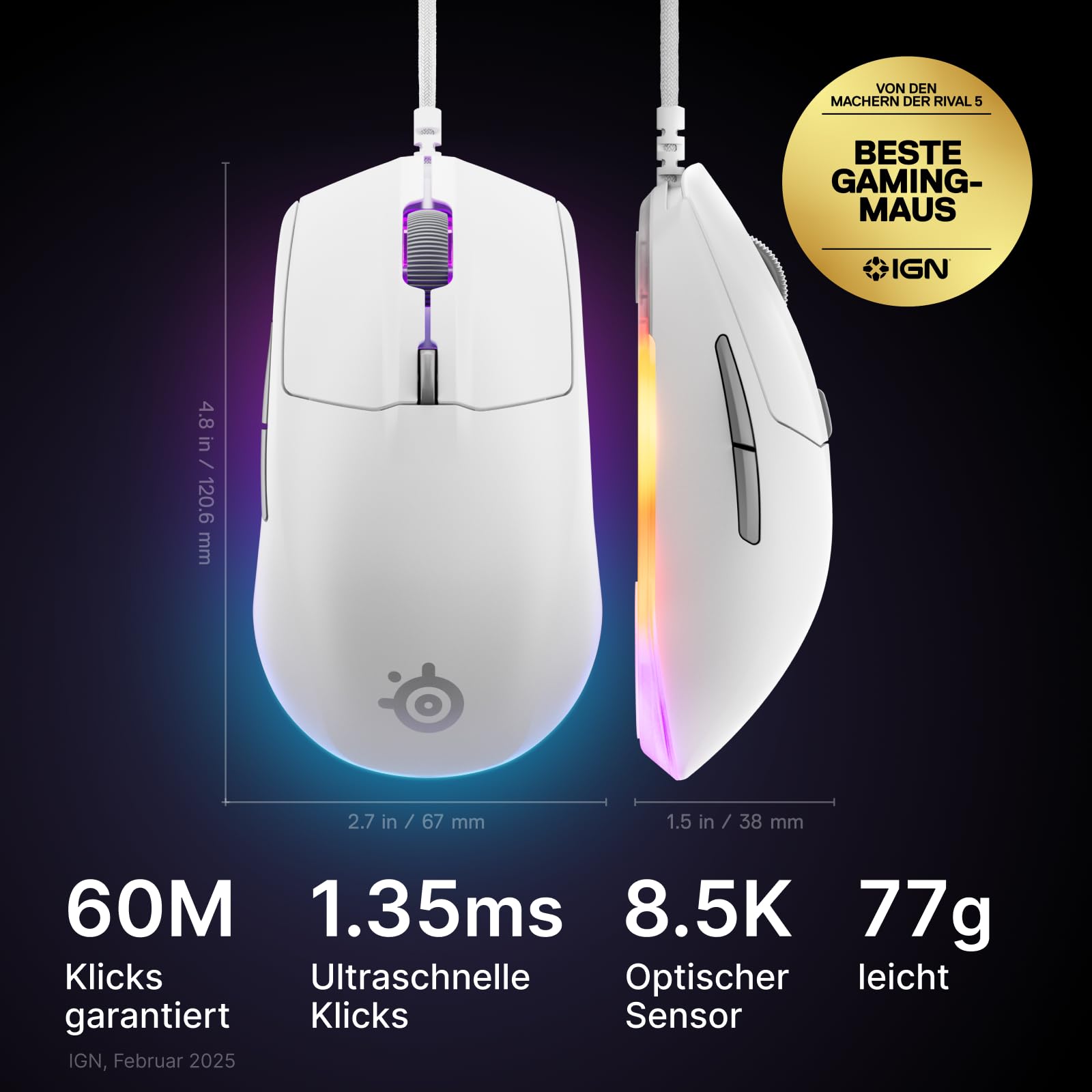 steelseries-rival-3-gen-2-gaming-maus-truemove-core-8-500-dpi-77-g-ptfe-gleitf-e image 2