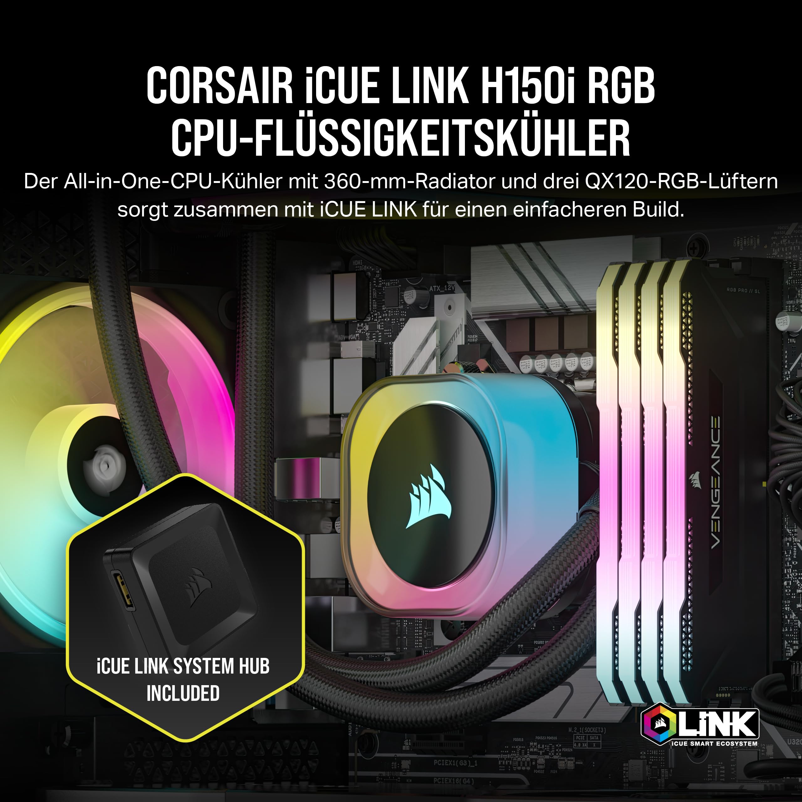 corsair-icue-link-h150i-rgb-fl-ssig-cpu-k-hler-360mm-aio-3x-qx120-rgb-l-fter-int image 2